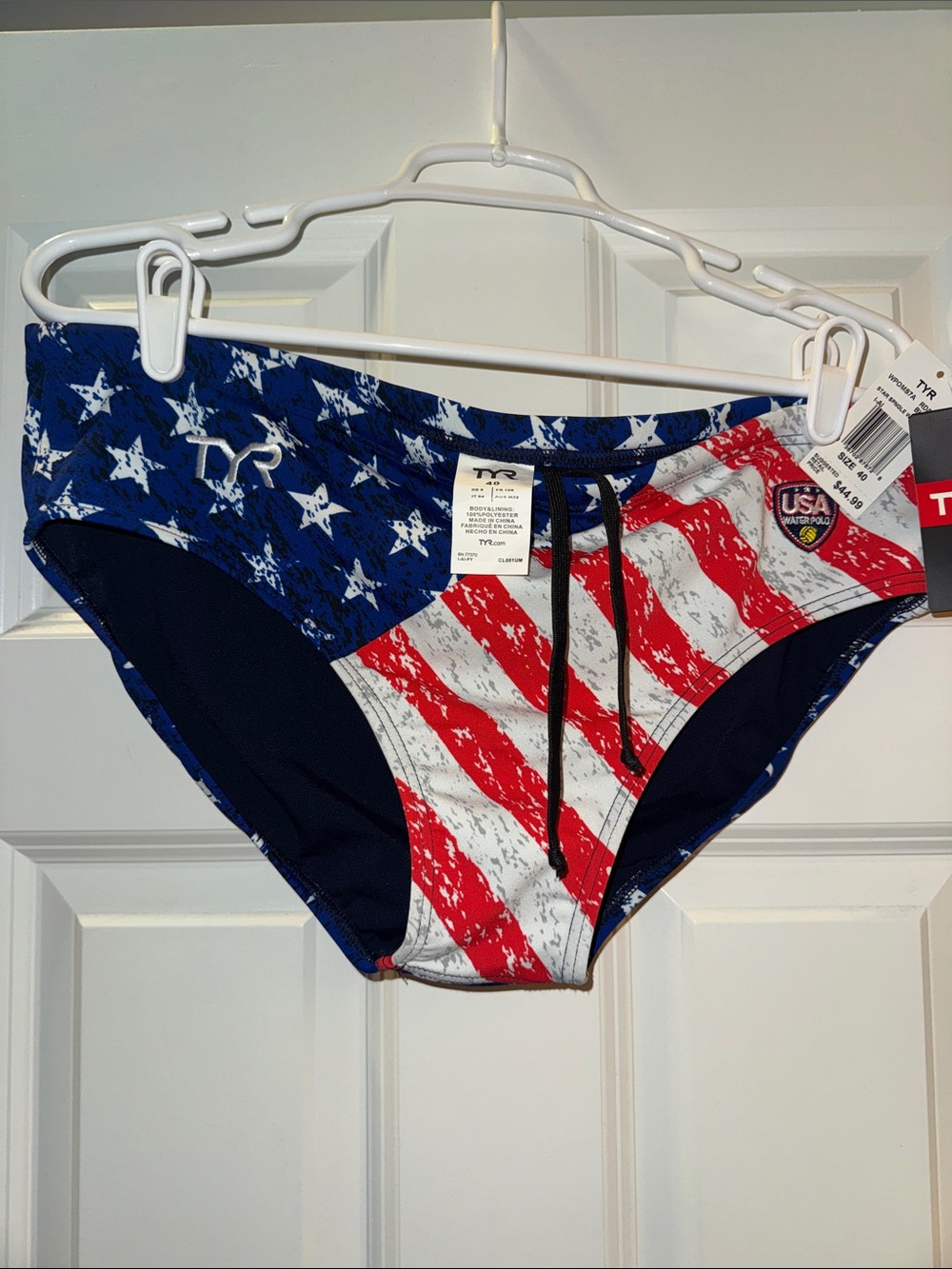 TYR Men's USA Flag Swim Briefs - Red, White, Blue with USA 🇺🇸 H20 Polo logo.